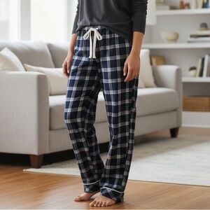 Lands End Flannel Pants Navy Ivory Plaid Print PJ Cotton Pockets Size Large NWT